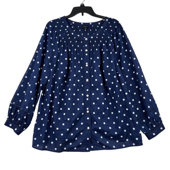 Talbots Button Front Blouse Size 1X Blue Polka Dot Smocked Neck Balloon Sleeve - Picture 1 of 11